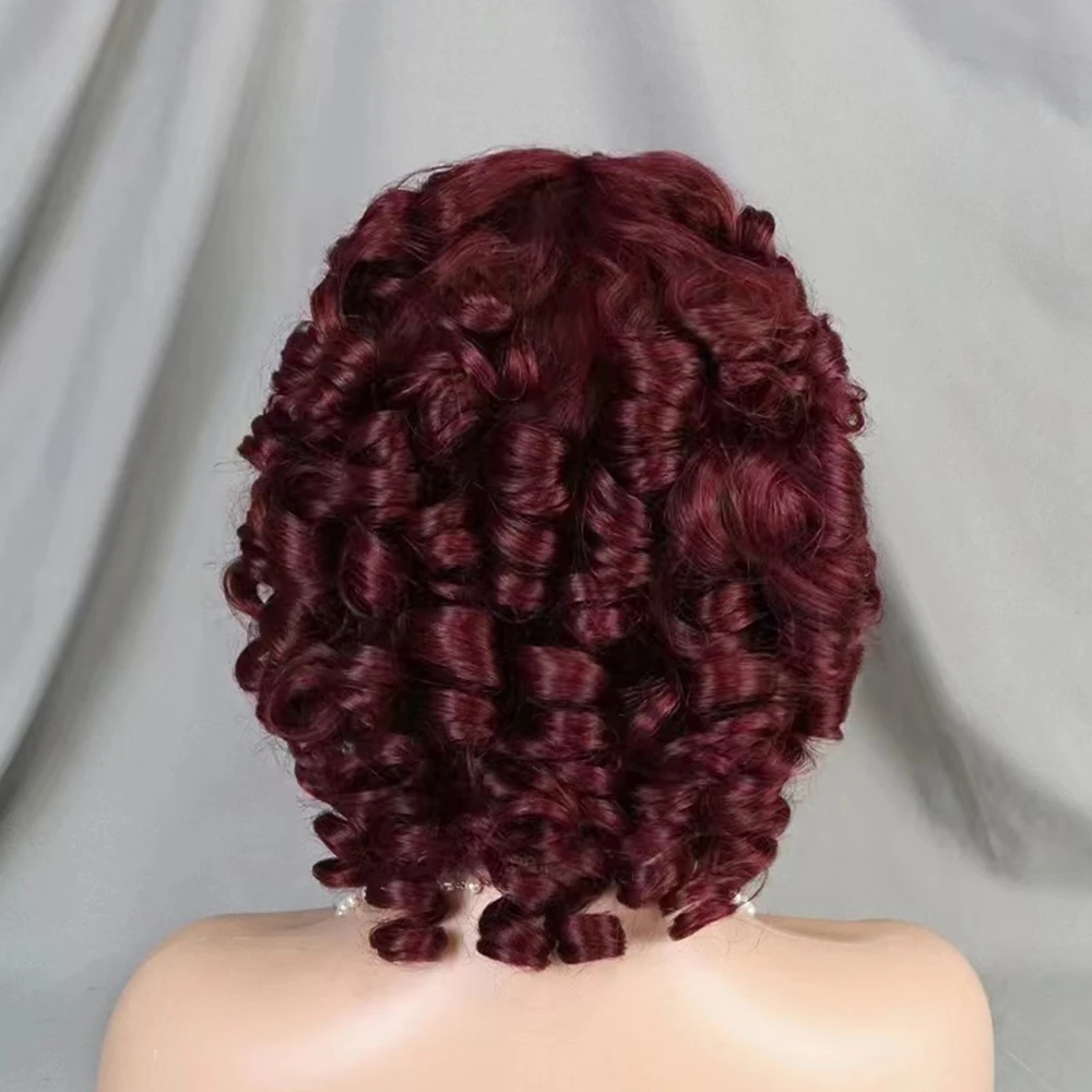 Perruque Bob naturelle bouclée avec frange pour femmes noires, cheveux humains bordeaux, densité 200, 6 pouces, ultraviolet, adt Wave