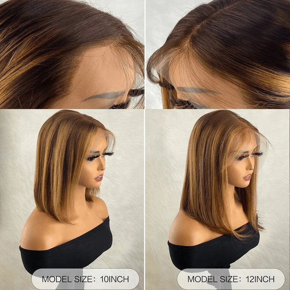 شعر مستعار أومبير بوب شعر بشري 4/27 أشقر عسلي إلى بني متدرج - كثافة 200% 13x4 HD شعر مستقيم بدانتيل أمامي مقطوع مسبقًا