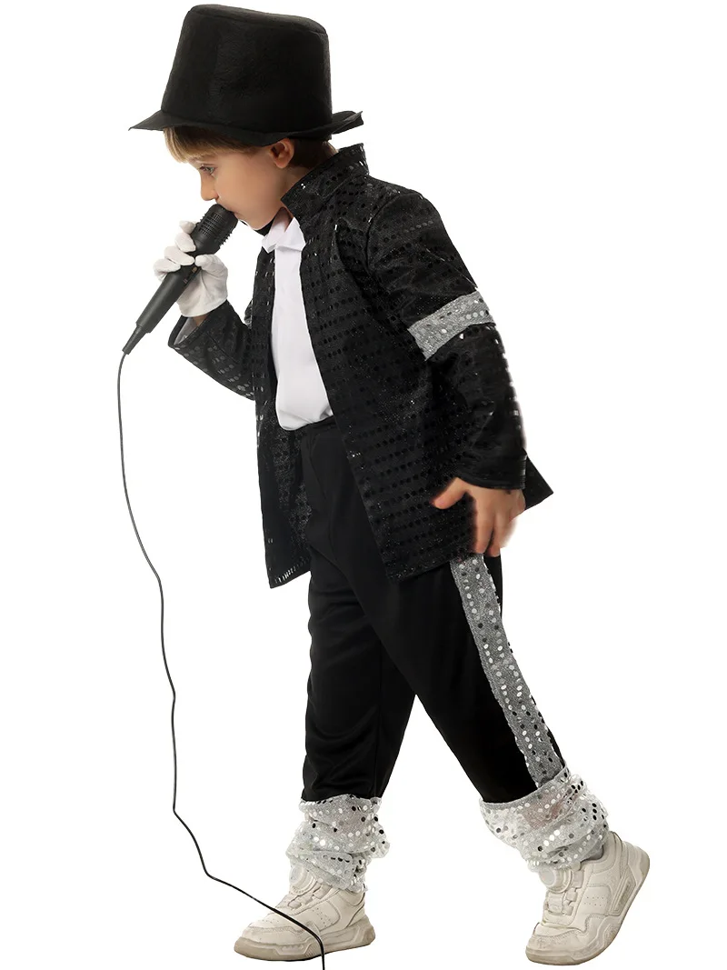 Boy Michael Jackson Billie Jean Cosplay Black Suit Dance Disco Halloween Fancy Dress Up 80s Pop King Costume