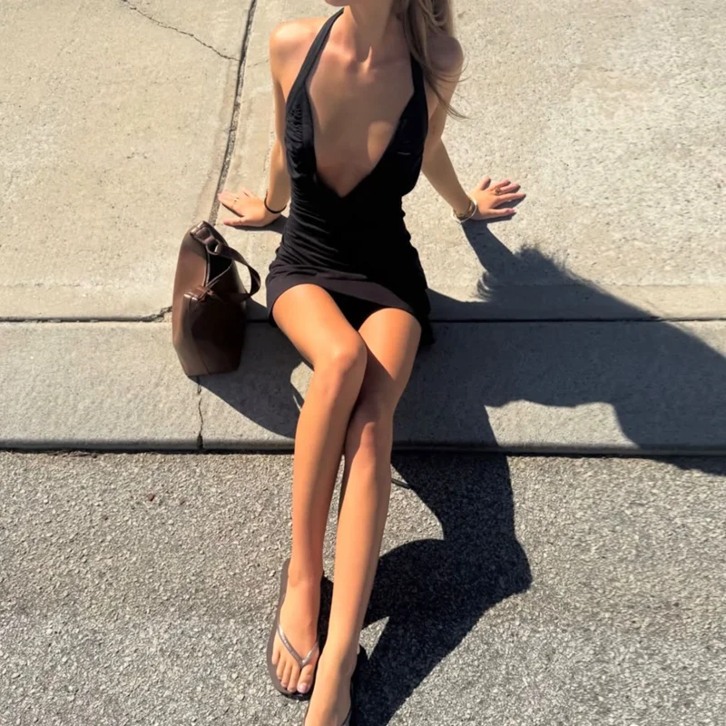 Hugcitar Damenmode V-Ausschnitt Einfarbiges Gerafftes Neckholder-Rückenfreies Schnür-Minikleid Sexy Sommerkleidung für Strand, Urlaub und Club – Detail 19