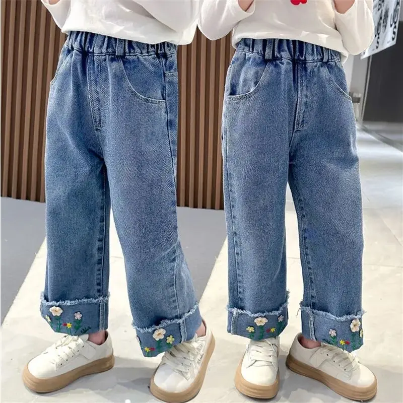 

Spring Autumn Kids Long Pant Trousers Children Birthday Princess Clothes 2025 Baby Girls Flowers Embroidery Jeans Denim Pants