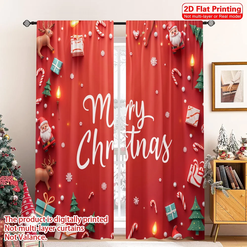 

2pcs 2D flat printing Christmas Curtains Merry Christmas Festive Scene Polyester Without Electricity Spring Use for Classroom