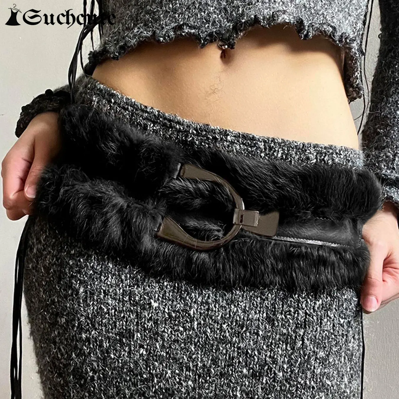 SUCHCUTE Faux Fur Patchwork Pu Leather Belt Vintage 2000s Fashion Accessories Women's Outdoor Skirts Decorative Winter Waistband