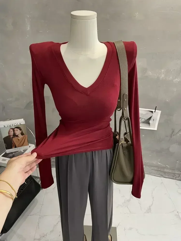 Wholesale V Neck Base Slim High Strecth T Shirt Women Shoulder Pad Autumn Winter Top Tight Long Sleeve Base Skinny Solid T Shirt