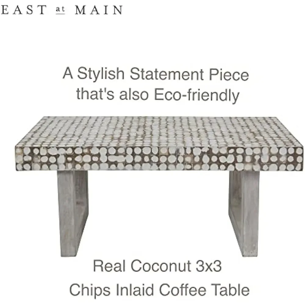 Farmhouse - Coconut Shell Mosaic Inlaid Handmade Centerpiece - White Patina Finish/Rectangle Coffe Table Set Coffee Table Luxury