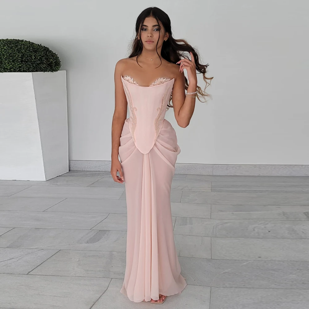 Pink Pearls Beads Evening Dresses Formal Strapless Sleeveless Floor Length Mermaid Gowns Fashion Sweep Train Party Dresses