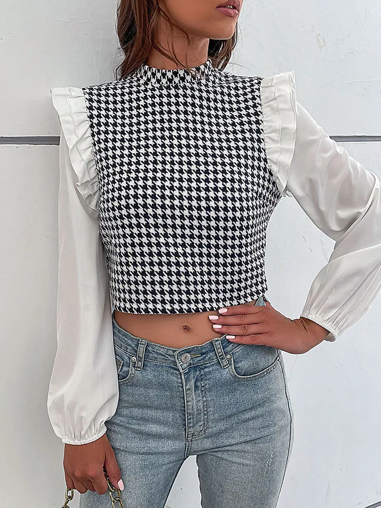 JIM & NORA Women Crop Top Ladies Long Sleeve Houndstooth Print Patchwork Turtleneck Slim Fit T-Shirt Spring Autumn Fashion Tops