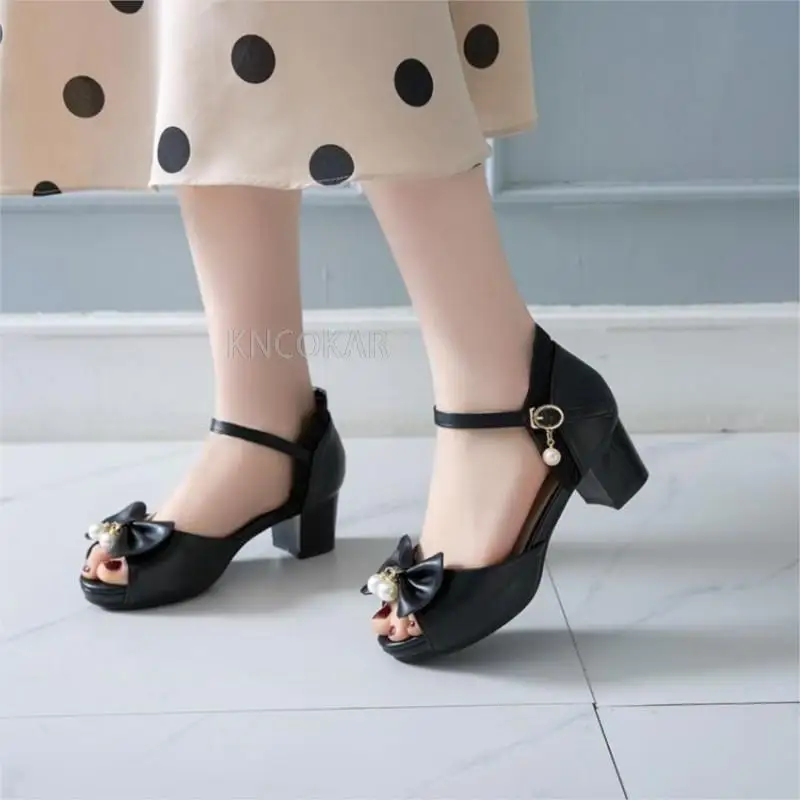 KNCOKAR Summer Peep Toe Cute Sweet Bowtie Lace High Heels Sandals Women Lolita Platform Wedding Party Block Heel Shoes Woman