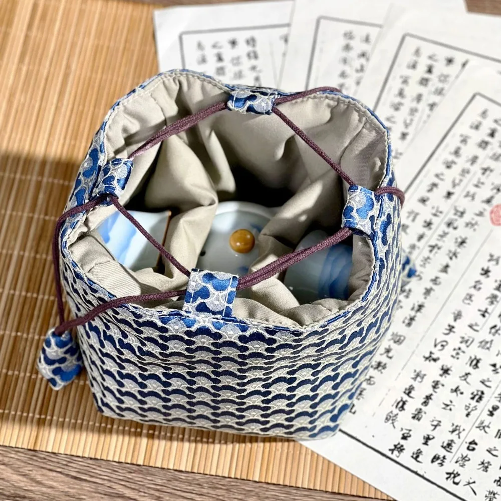 

Chinese Style Tea Set Organizer Bag Tea Ceremony Accessories Embroidered Teacup Drawstring Cloth Pouch Multifunctional Portable
