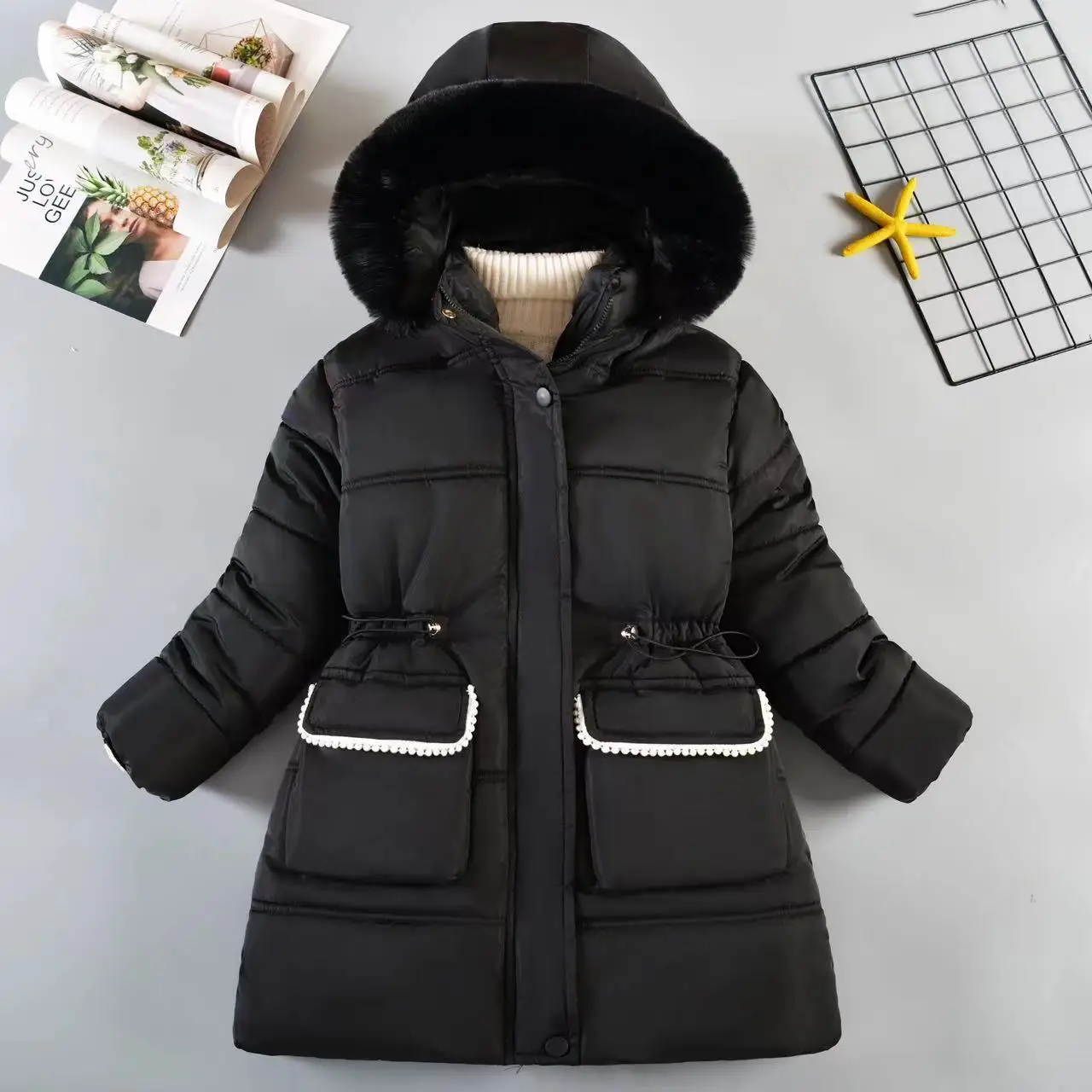 

Girl's winter coat with cashmere thick coat Foreign style little girl winter long coat thick fashion