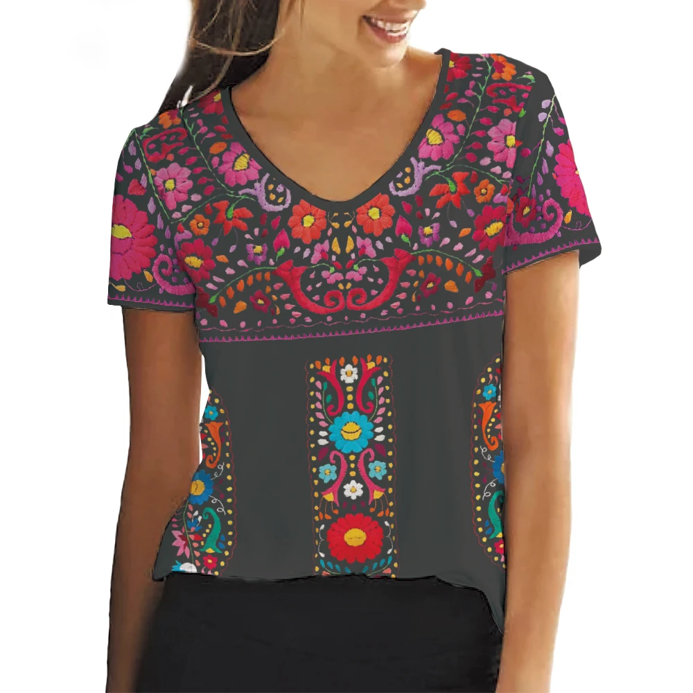 Hippie-Boho Style Short Sleeve V-neck Women Top 3D Printed Colorful Mexican Flowers T-Shirt Floral Shirt Mexican Basic Tee