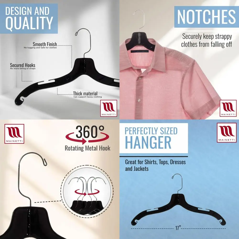 

50-Pack 17-Inch Black Plastic Hangers with 360 Swivel Metal Hook and Notches for Various Clothing Types