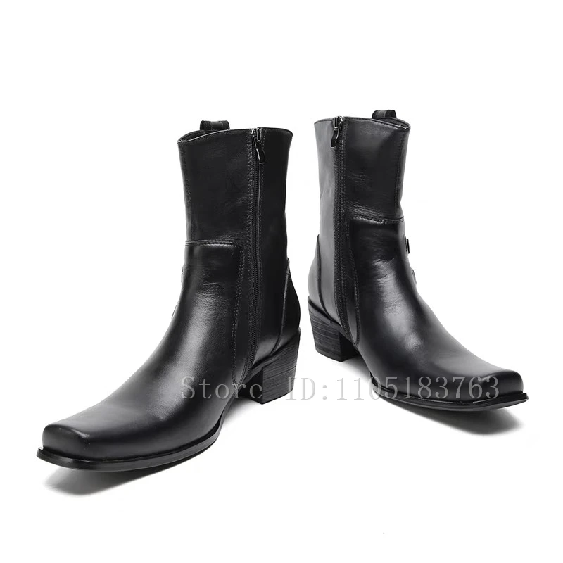 Suqre 발가락 블랙 소가죽 남성 비즈니스 부츠 벨트 버클 리벳 두꺼운 굽 발목 부츠 남성 파티 정장 구두