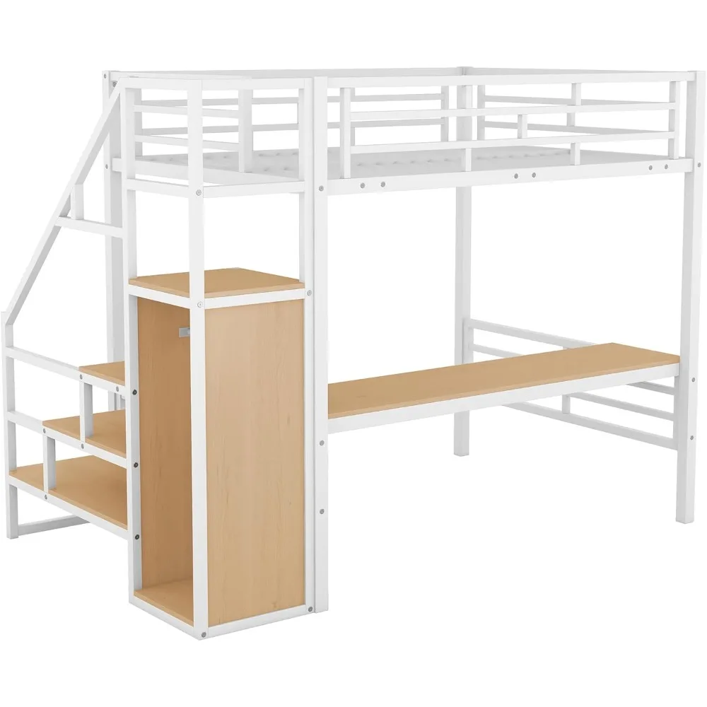 Modern Full Size Loft Bed with Staircase and Desk, Metal Loft Bed Frame with Wardrobe and Storage Shelves, Study breaks in one