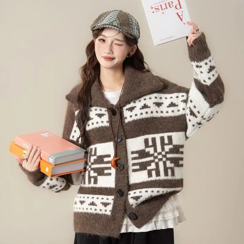 

Fashion Korean Style Cotton Knit Sweater Women Cardigan Knitted Spring and Autumn New Lapel Cotton Knit Sweater Cardigan