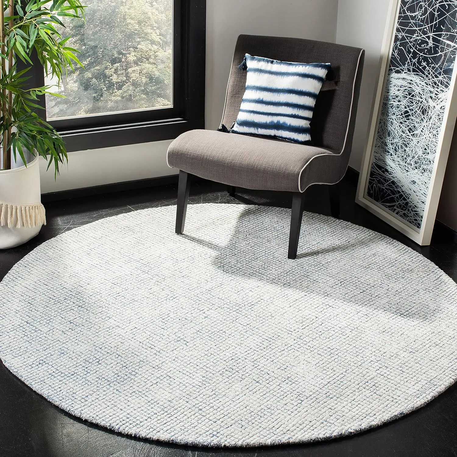 Abstract Collection 8' Round Ivory/Blue Abt470M Handmade Wool & Viscose Entryway Foyer Living Room Bedroom Kitchen Area Rug