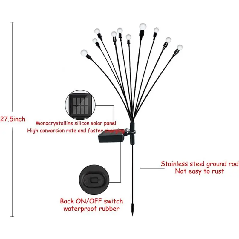 LLCS-10 Head Solar Powered Firefly Lights, 10 LED Outdoor Waterproof Solar Starburst Swaying Garden Lights