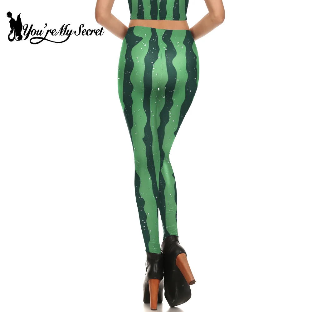 [You're My Secret] Women Funny Watermelon Print Leggings Green Striped Pattern Trousers Casual Mid Waist Pants Sport Yoga Bottom
