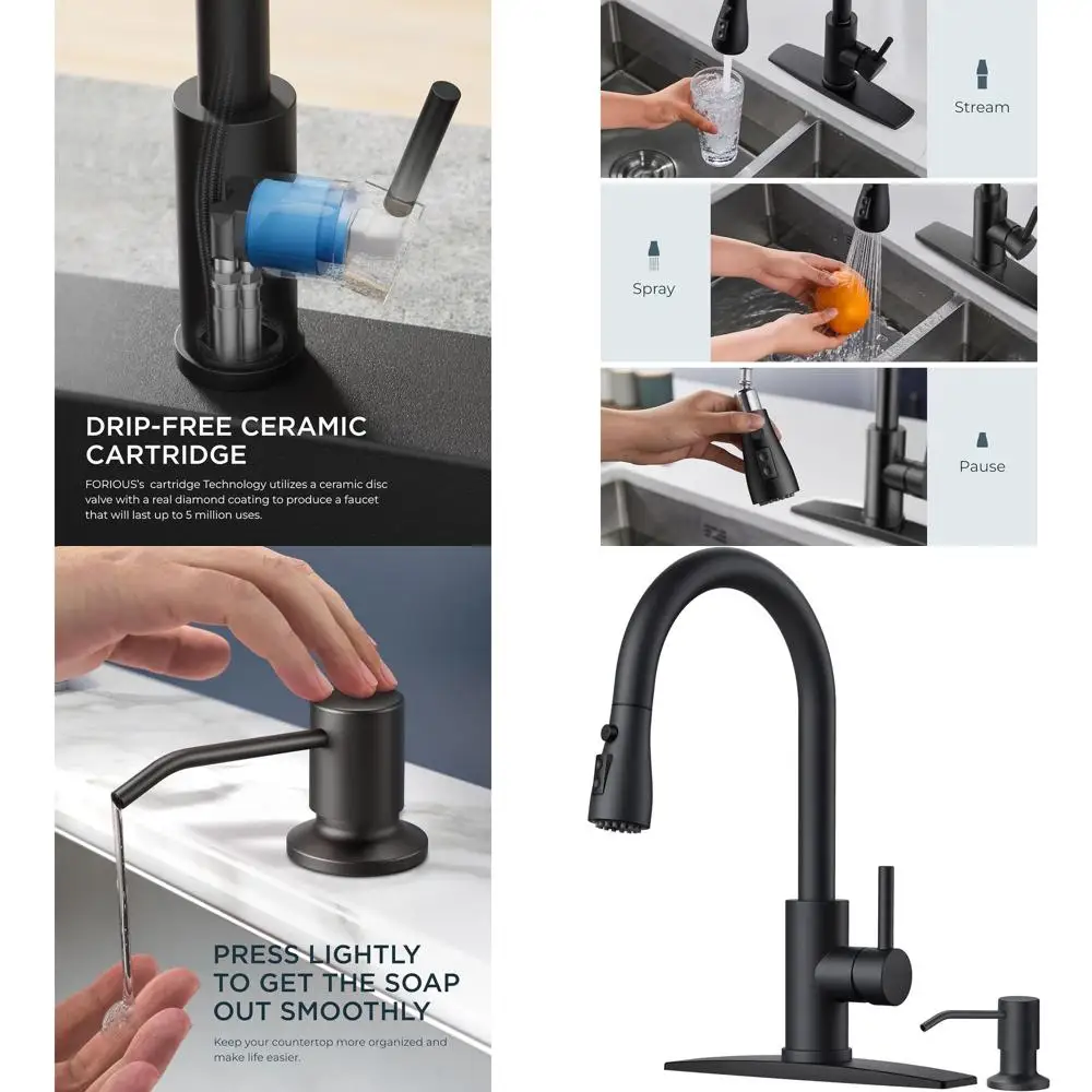 

Stainless Steel Pull-Down Kitchen Faucet with Soap Dispenser and 3-Mode Sprayer for Farmhouse Sinks