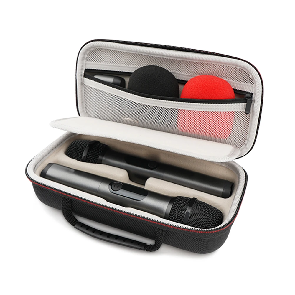 حقيبة ميكروفون لاسلكية مع سحاب محمول باليد وميكروفون مزدوج حقيبة سفر غطاء صلب من مادة EVA حقيبة حمل لميكروفونين لاسلكيين