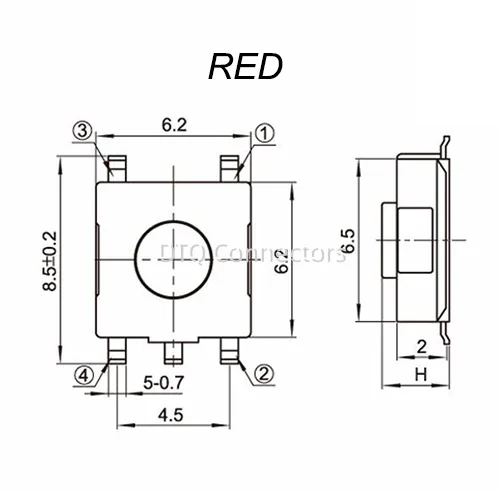 50/100PCS 6.2X6.2mm Height=2.5/2.7/3.1/3.4/3.7/4/4.3/5/5.5mm 5PIN SMD(SMT) Red Tact Button PCB Mounting Momentary Click