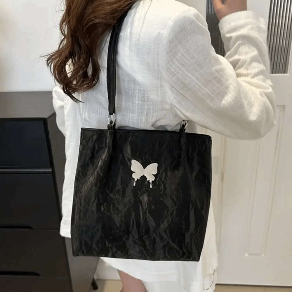 

Vintage Pu Leather Underarm Tote Bag Korean Style Zipper Sweet Shoulder Bag Butterfly Pattern Solid Color Luxury Handbag Outdoor