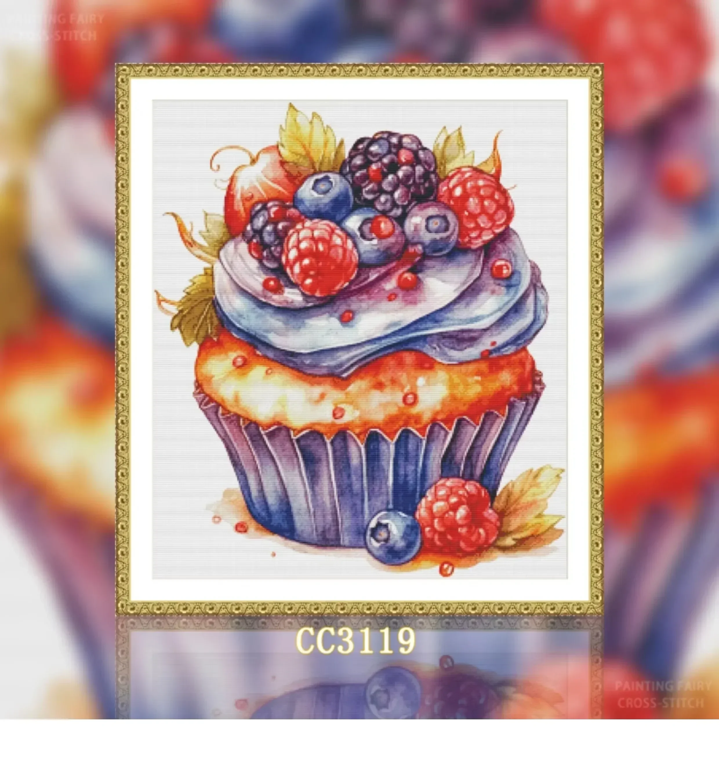 [[CC3119-Cake Series Raspberry] Stamped Cross Stitch Kit 14CT 16CT Printed Canvas Cotton Thread Embroidery Needlework Wall Decor