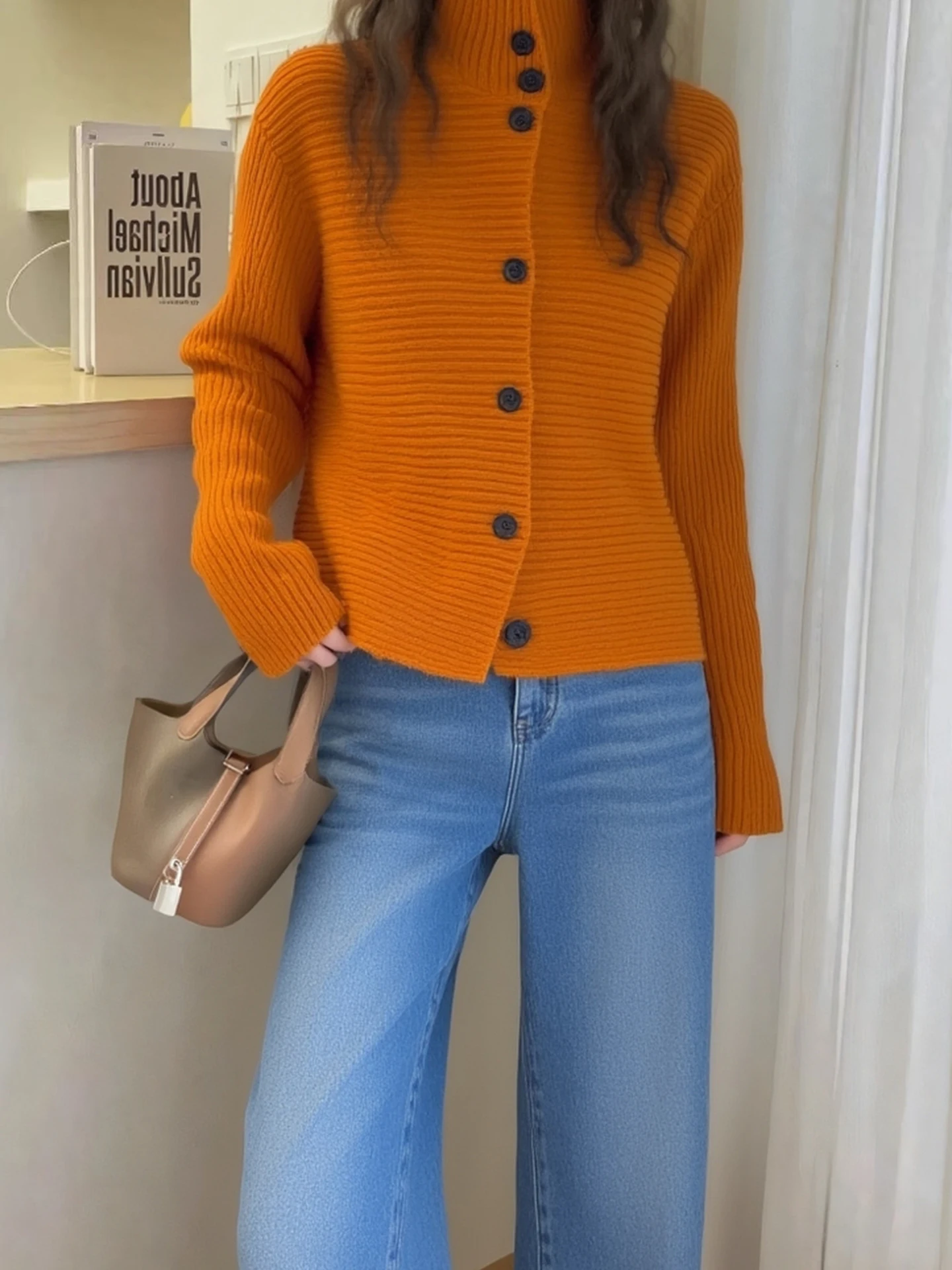 

Свободный женский вязаный кардиган с высоким воротником, зимняя внутренняя одежда, топ, винтажный длинный свек, повседневная мода для поездок на работу