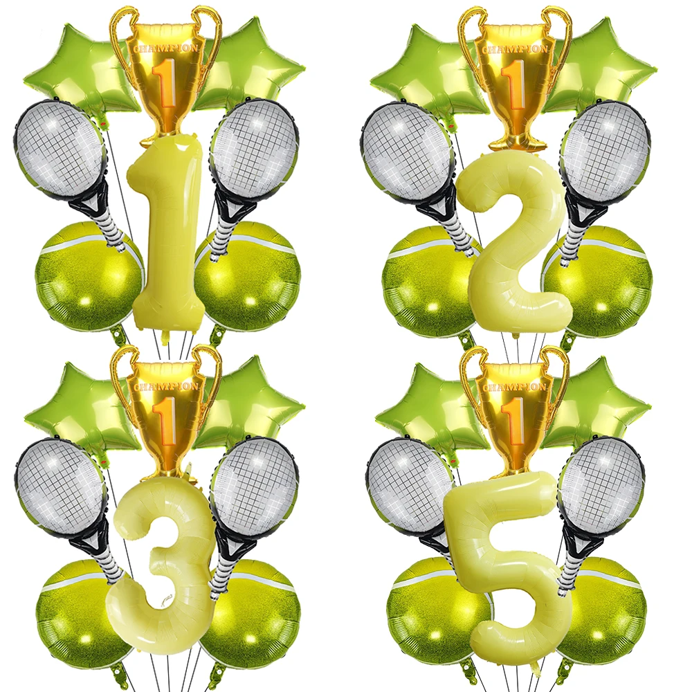 Sports Themed Tennis Ball Balloons Golden Trophy Green Star Balloons 32inch Yellow Number Foil Balloon Kids Birthday Party Decor