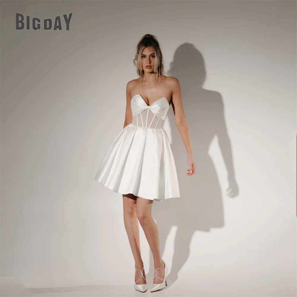

BIGDAY Satin Short A-Line Wedding Dresses Pleat V-Neck Sleeveless Open Back Above-Knee Bridal Gown Vestido De Noiva Customized