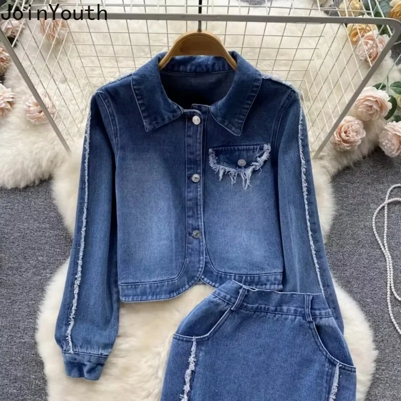 Y2k Clothes Fashion Two Piece Sets Vintage Turn-down Collar Jackets High Waist Split Bodycon Skirt Outfits Casual Denim Suit