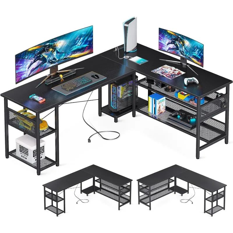 

66" L Shaped Desk with Power Outlet and USB Charging Ports, Reversible L Shaped Computer Desk with Storage Shelves