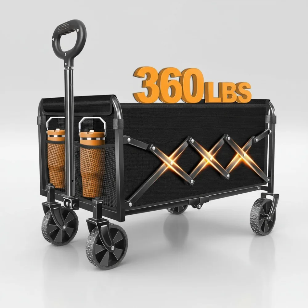 

Foldable Collapsible Wagon Cart with Wheels - Heavy Duty 360lbs Capacity for Camping, Sports, Groceries & Travel