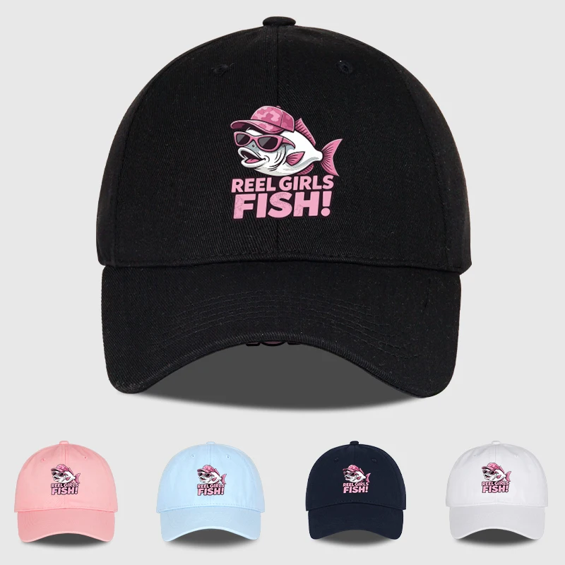 Girls Fish Cartoon Fishing Print Soft-Top Baseball Cap,Adjustable Curved-Brim Dad Cap,for Outdoor Fishing,Camping,and the Beach