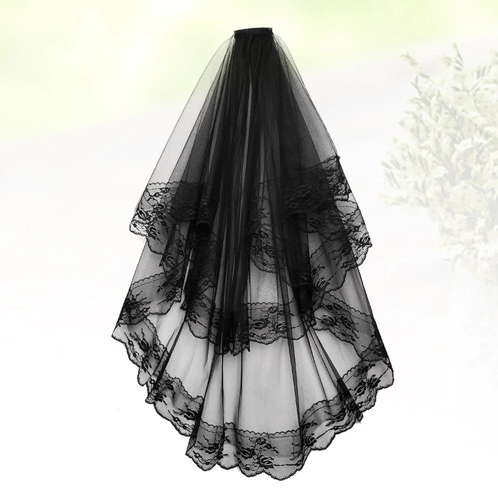 Double Layer Veil Black Lace Veil Cosplay Bridal Wedding Veil Hair Accessories with Hair Comb for Photography Party