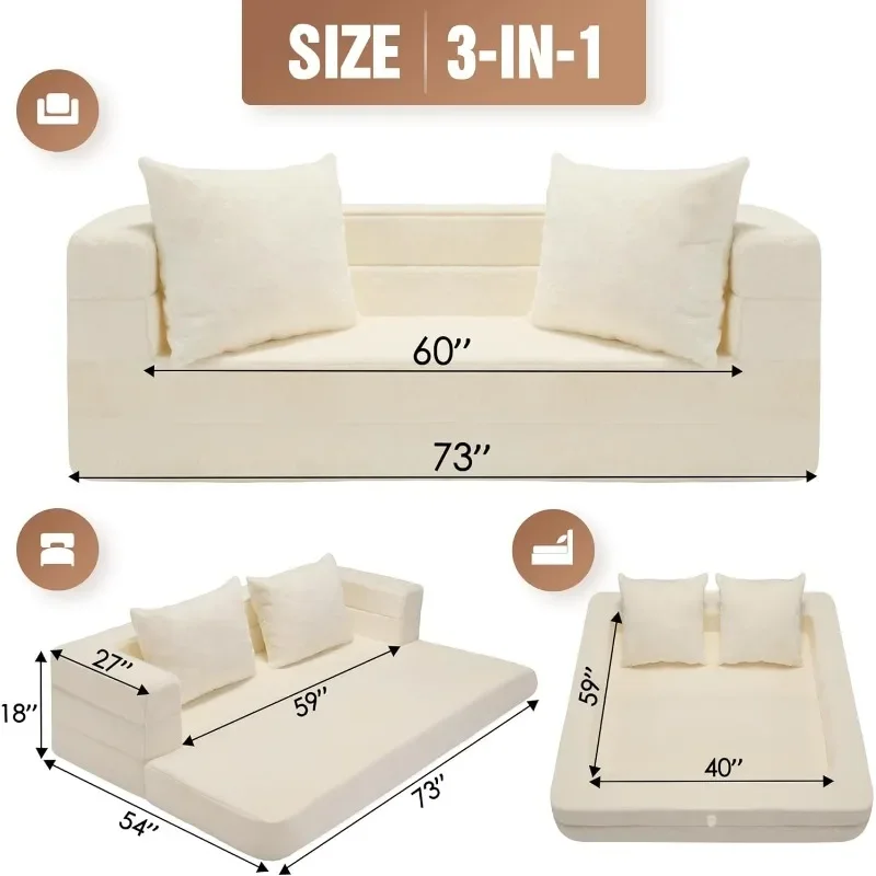 3-in-1 Bean Bag Couch Faux Fur Floor Sofa Large Beanbag Convertible Bean Bag Sofa Bed with Pillow,Bedroom