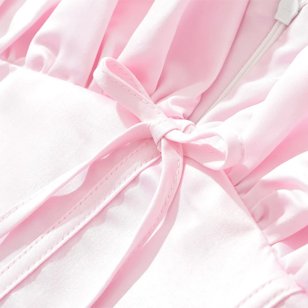 2025 프린세스 스테인 플리츠 구김 스트랩 보닝 슬림 로우 웨이스트 탱크 원피스, 여성 활 V 넥 주름 밑단, A 라인 민소매 드레스