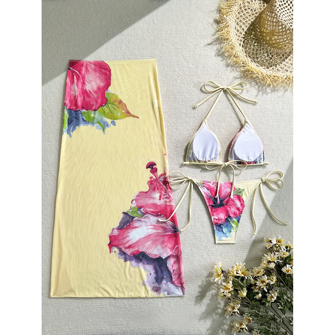 Blumenmuster mit Rock, Neckholder-Bikini, Damen-Badebekleidung, dreiteiliges Bikini-Set, Damen-Badeanzug, Badebekleidung, Badeanzug, Schwimmkleidung V6637 – Detail 32