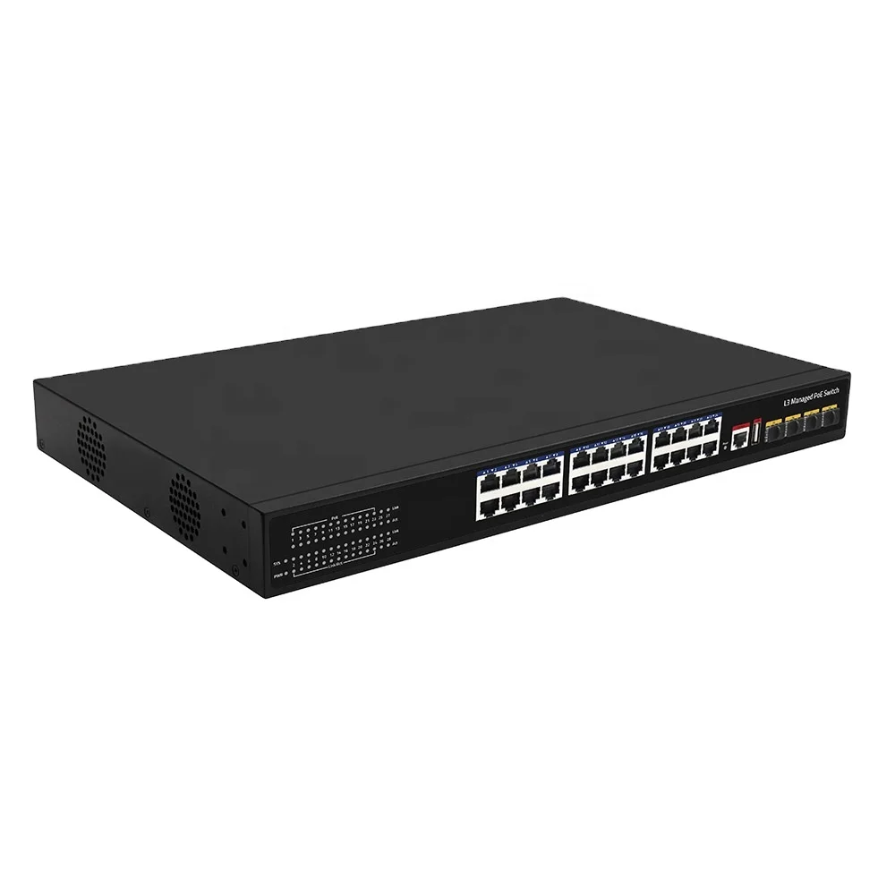 High performance 24 port Gigabit and 4 port 10G SFP+ uplink IEEE 802.3af/at 400W L3+ managed PoE network switch