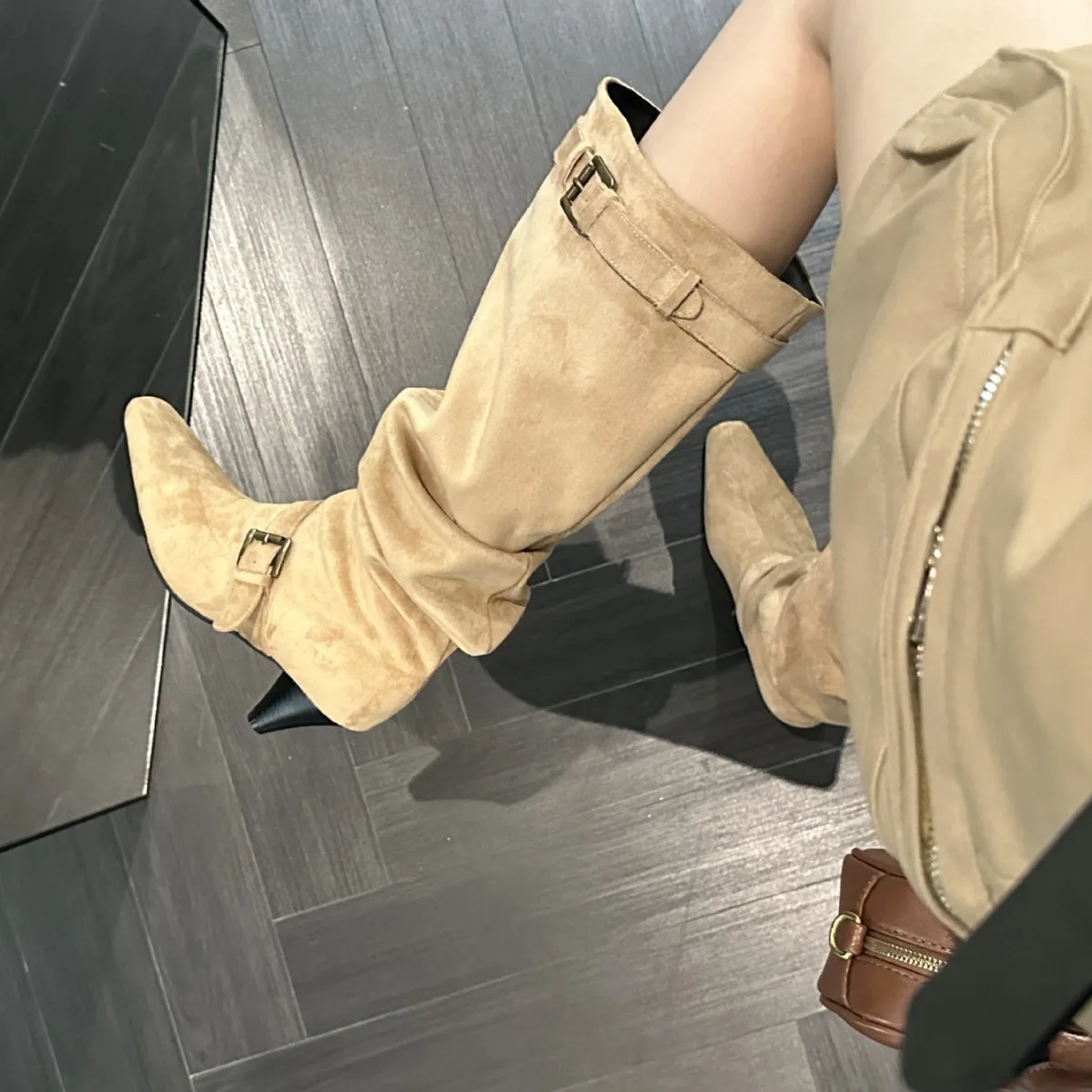 French square toe tapered heel pile boots   belt buckle Korean version wrinkled high-heeled long tube boots fashion boots