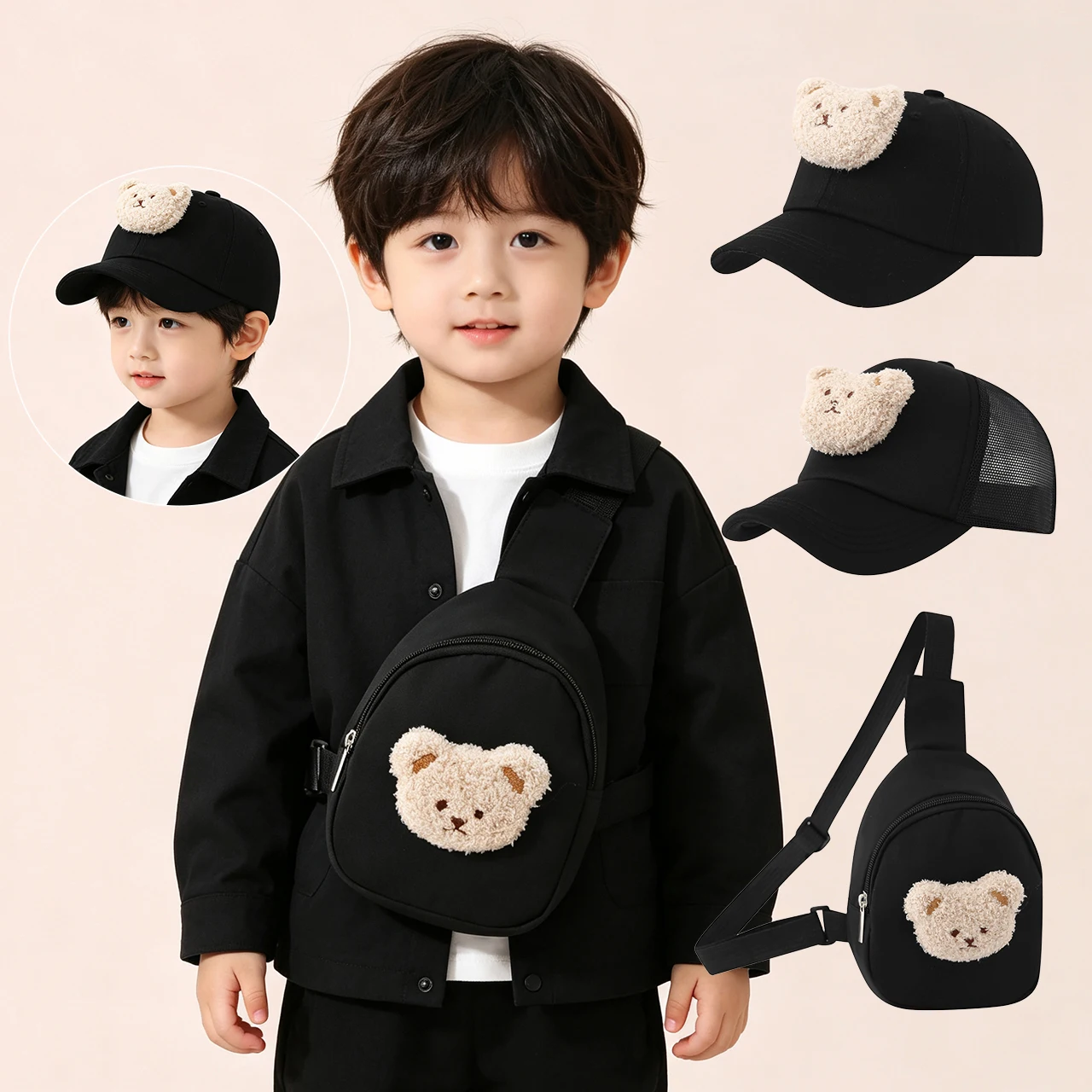 Black Bear Baseball Hat and Bag Set Fashion Children Crossbody Bag 2-6Year Boys Girls High Capacity Chest Bags Cartoon Kids Cap