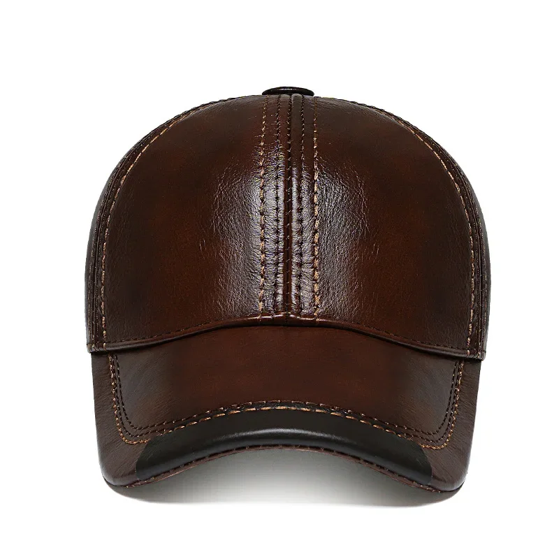 Cowhide hat men's autumn and winter fashion cold and warm baseball cap leather casual simple ear protection cap