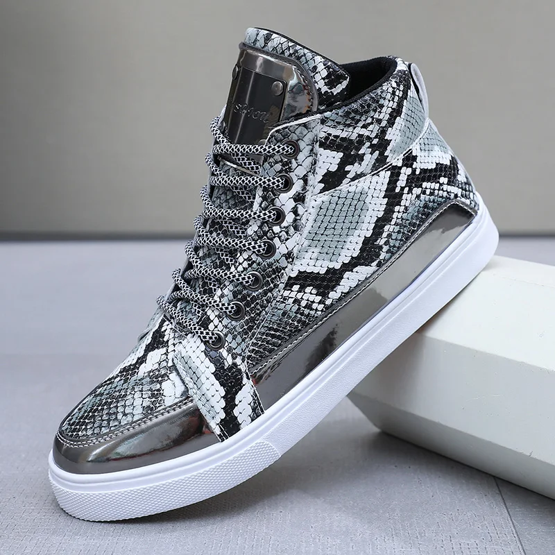 

High Top Men's Vulcanized Shoes Snakeskin Print Casual Sneakers Men Lace-Up Zip Leather Shoes Trend Non-Slip Men's Skate Shoes