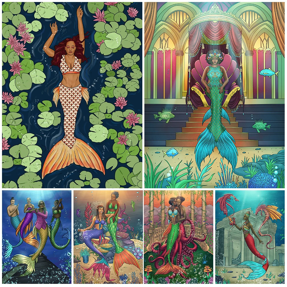

Fantasy Merman Artwork Print Wall Art Black Girl Mermaid Poster And Print Black Queen Canvas Painting Home Decoraiton Unframed