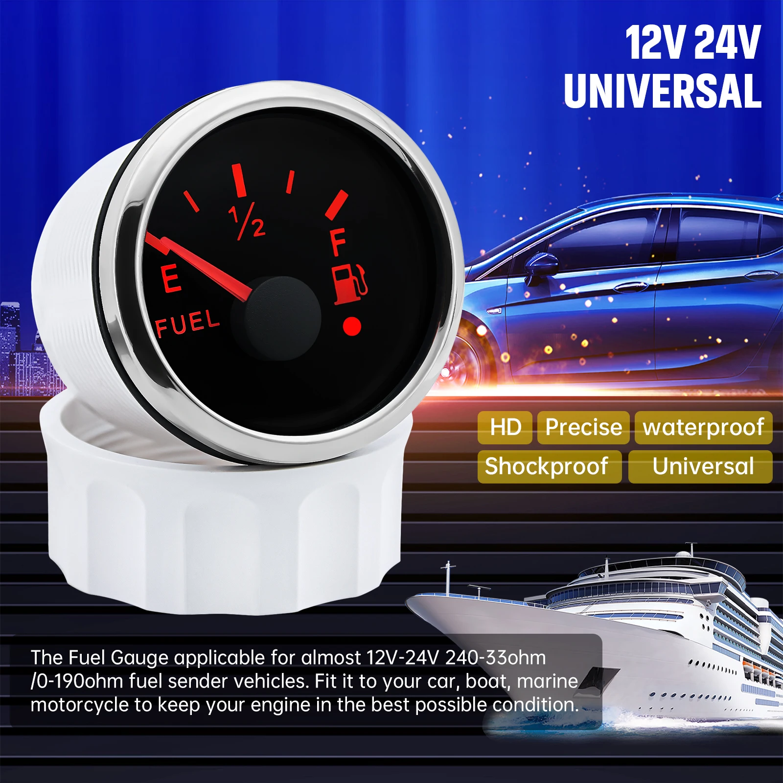 0-190ohms Universal Gas Fuel Level Gauge 7-color Backlight LED Car Marine Boat Fuel Level Gauge Waterproof Digital Pointer Gauge view 4