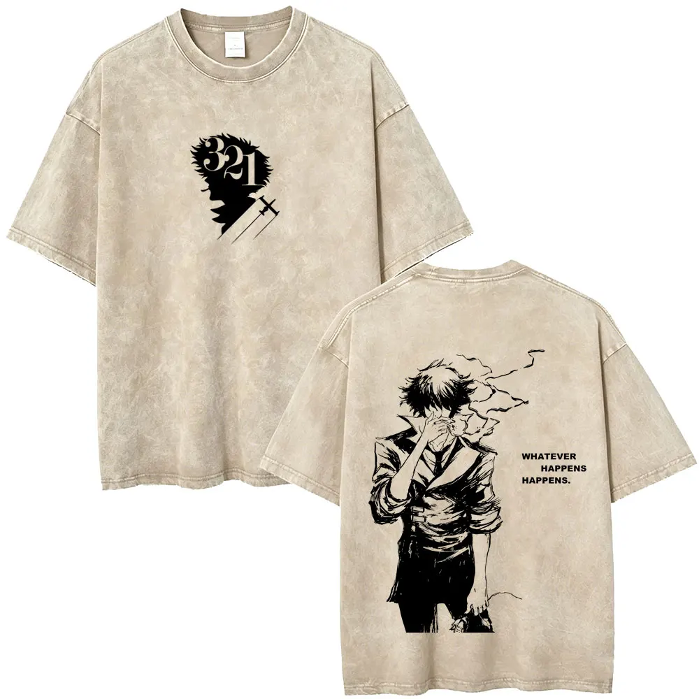 Anime Cowboy Bebop Vintage Washed T-shirt Manga Spike Spiegel Whatever Happens Happens T-shirts Men Women Retro Oversized Tshirt