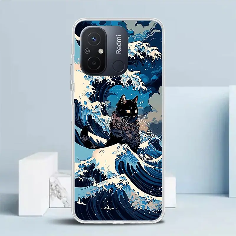 Anime Cat Sea Wave Aesthetic Phone Case For Xiaomi Redmi 12C 12 10C 10 10A 9C 9A 9T 9 8 8A 7 7A 6 Pro 6A K20 K30 K40 S2 Soft Bac