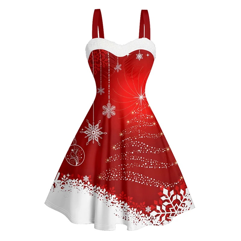 Dressfo Women's Christmas Dress Colorblock Snowflake Print Faux Fur Sweetheart Neck Mini Dress vestidos