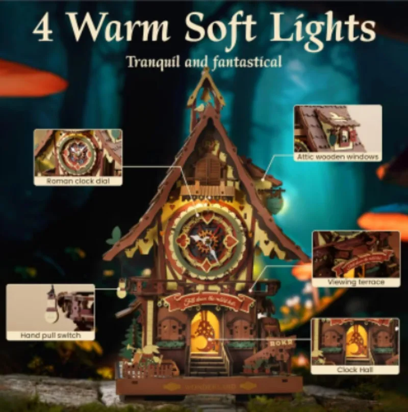 Robotime 3D Wooden Puzzle Cuckoo Clock Kit Black Forest Style with Working Bird DIY Clock Model Kit for Kids Adults Model Gift - view 2