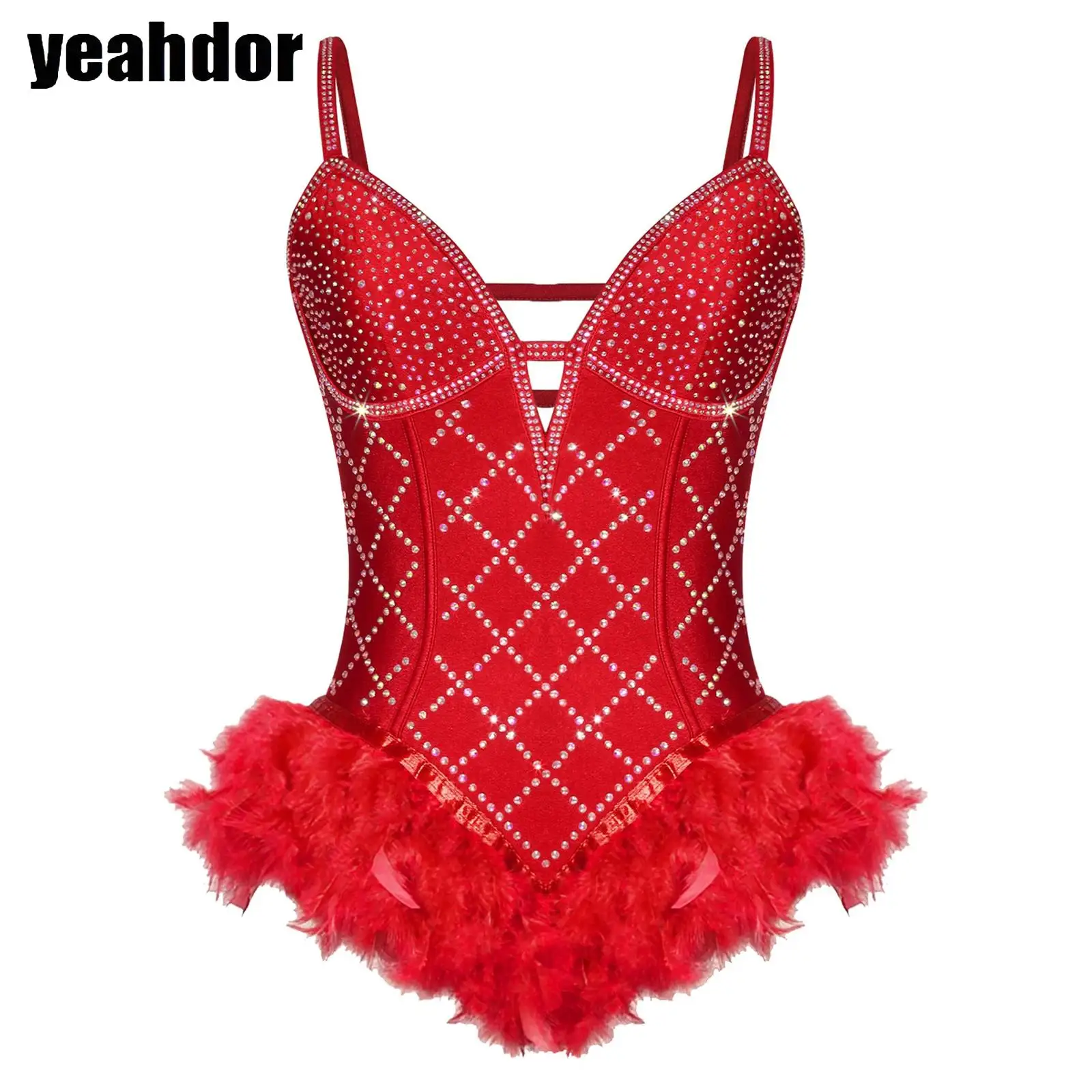 

Women Feather Latin Dance Leotard Rhinestone Ballet Skating Dancewear V-Neck Keyhole Back Tango Rumba Cha Cha Dance Bodysuits